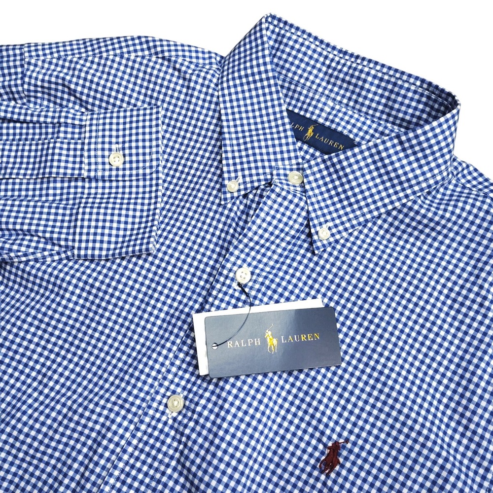 Ralph Lauren Gingham Shirt Mens Large Blue White NWT Long Sleeve Button Down